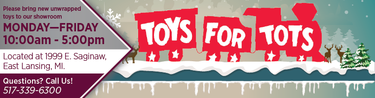 Toys for Tots banner promoting toy donations at The Meridian Company, featuring festive graphics, donation details, and location information for holiday charity drive.