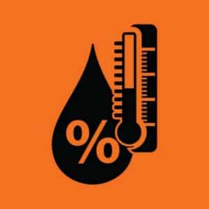 Icon depicting a water droplet with a thermometer and percentage symbol, representing humidity levels in relation to boiler systems and indoor air quality.