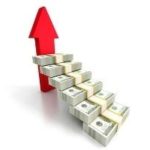 Stairs made of cash with a red arrow upward, representing financial growth for homeowners by The Meridian Company.