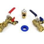 Brass plumbing valves with color-coded handles for hot and cold, featuring a fitting and rubber washer.