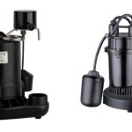 Black sump pump and submersible pump showcasing durable designs for efficient water management by The Meridian Company.