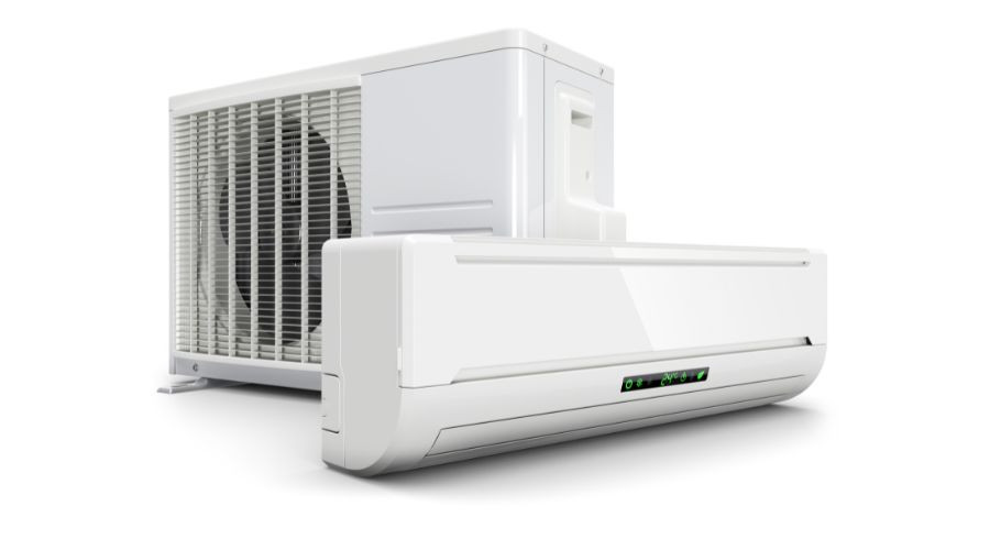 Air conditioning unit by The Meridian Company, showcasing sleek indoor and outdoor components with modern design details.