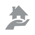 House icon with hand, symbolizing home services and support from The Meridian Company for plumbing, heating, cooling, and electrical needs.